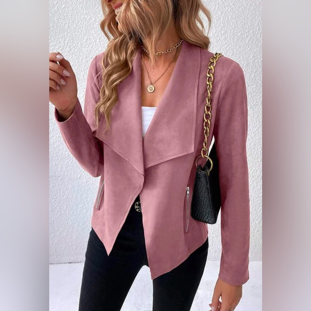 Privé Waterfall Collar Open Front Faux Suede Jacket